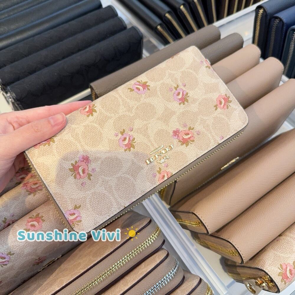 NWT Coach CAR06 Long Zip Around Wallet Signature Canvas Floral Gold/Sand Multi